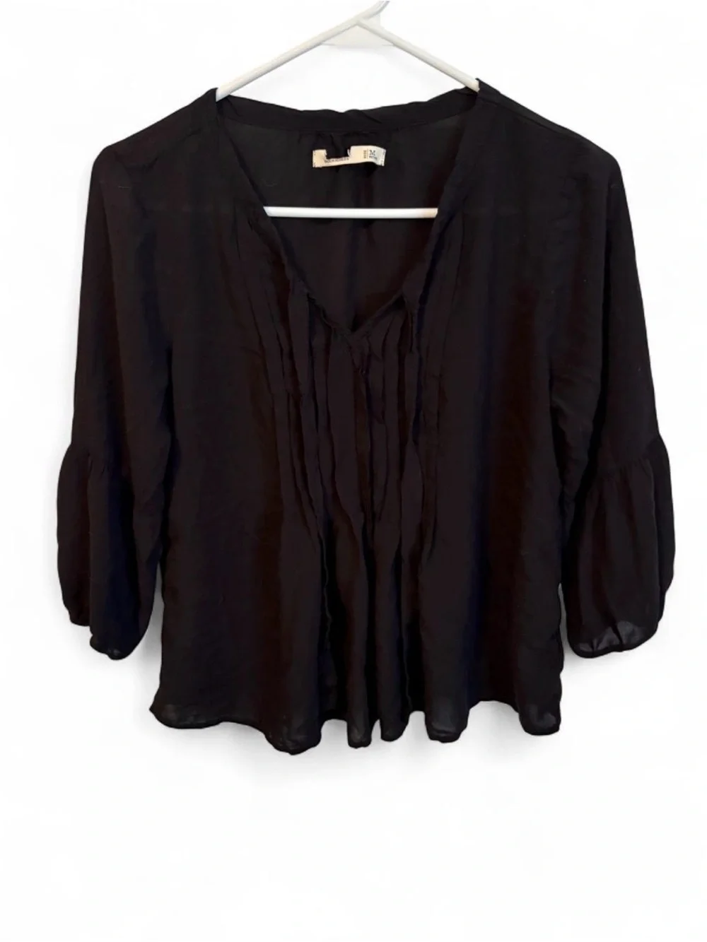 LOFT Black V-Neck Pintuck Peasant Blouse
